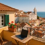 Modern Portuguese home office blending workspace, leisure, and travel elements for hybrid living