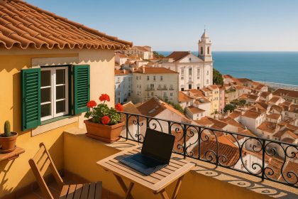 Modern Portuguese home office blending workspace, leisure, and travel elements for hybrid living