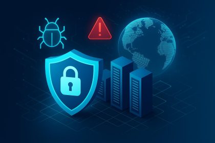 Secure data center with advanced servers and cybersecurity icons representing next-gen threats