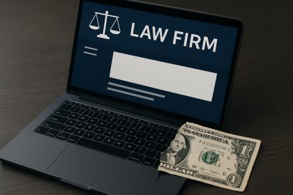 Outdated law firm website on laptop screen highlighting poor design and user experience issues