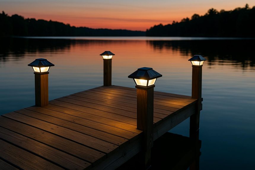 Solar lighting fixtures installed along a wooden dock over water at sunset