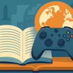 Colorful gaming console and open book, symbolizing gaming's impact on global literacy