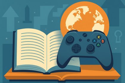 Colorful gaming console and open book, symbolizing gaming's impact on global literacy