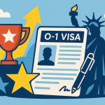 O-1 visa application documents and passport on desk, symbolizing high-achiever immigration process