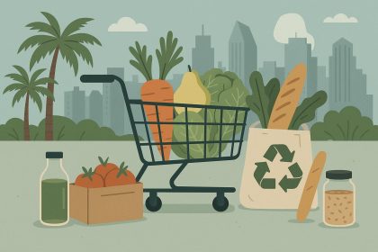 San Diego grocery shopper using reusable bags and selecting fresh produce in local supermarket