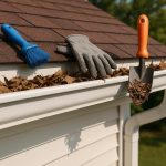 Clean residential gutters with ladder and tools showing proper home gutter maintenance steps