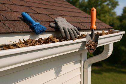 Clean residential gutters with ladder and tools showing proper home gutter maintenance steps