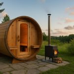 Modern outdoor sauna with cedar wood design and wood-burning heater in a landscaped backyard
