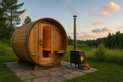 Modern outdoor sauna with cedar wood design and wood-burning heater in a landscaped backyard