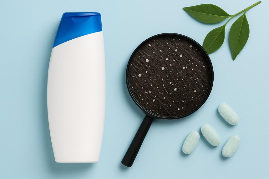 Bottles of anti-dandruff shampoo with key ingredients for treating scalp conditions