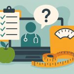 Telehealth weight loss consultation concept with doctor, digital devices, and health charts