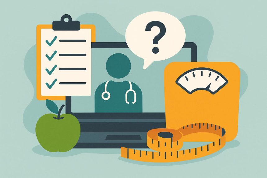 Telehealth weight loss consultation concept with doctor, digital devices, and health charts
