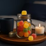 Assorted CBD and THC gummies on a bedside table, promoting sleep and relaxation before bed