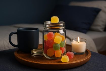 Assorted CBD and THC gummies on a bedside table, promoting sleep and relaxation before bed