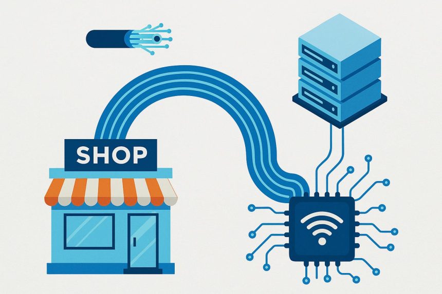 Modern small business office using high-speed internet with connected devices and cloud technology.