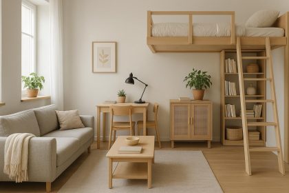 Modern small apartment with multifunctional furniture and stylish decor maximizing space