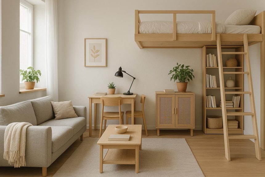 Modern small apartment with multifunctional furniture and stylish decor maximizing space