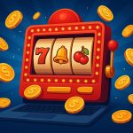 Digital slot machine with spinning reels and coins, highlighting online gaming for earning money