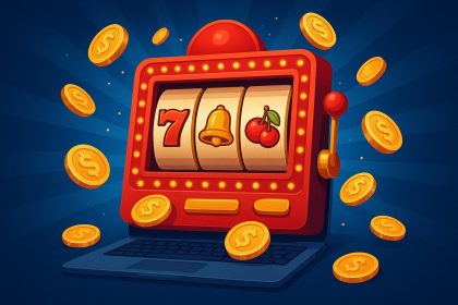 Digital slot machine with spinning reels and coins, highlighting online gaming for earning money
