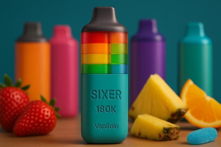 VapSolo SIXER 180K disposable e-cigarette showcasing multi-flavor system and high capacity