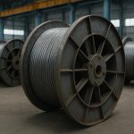 Stack of steel reels storing industrial wire and cable in a warehouse for the cable industry