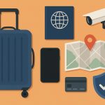 Business traveler securing luggage and documents at airport, emphasizing travel safety tips