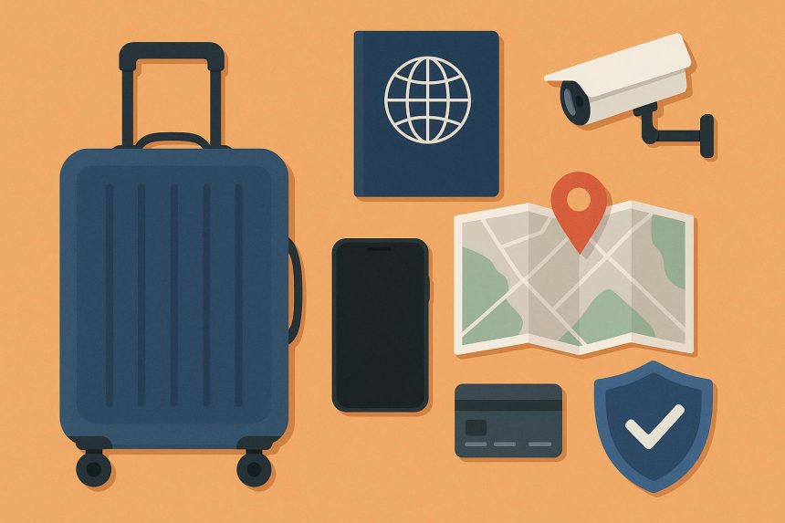 Business traveler securing luggage and documents at airport, emphasizing travel safety tips