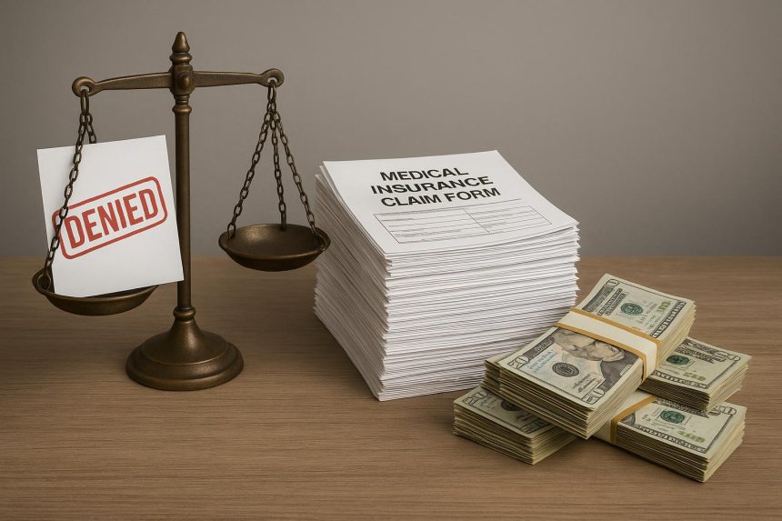 Hospital administrator reviewing insurance denial paperwork, highlighting appeal process challenges