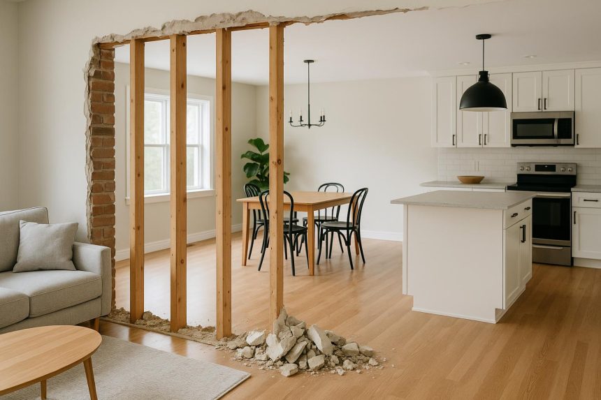 Spacious open concept living area showing seamless wall removal for modern home renovation