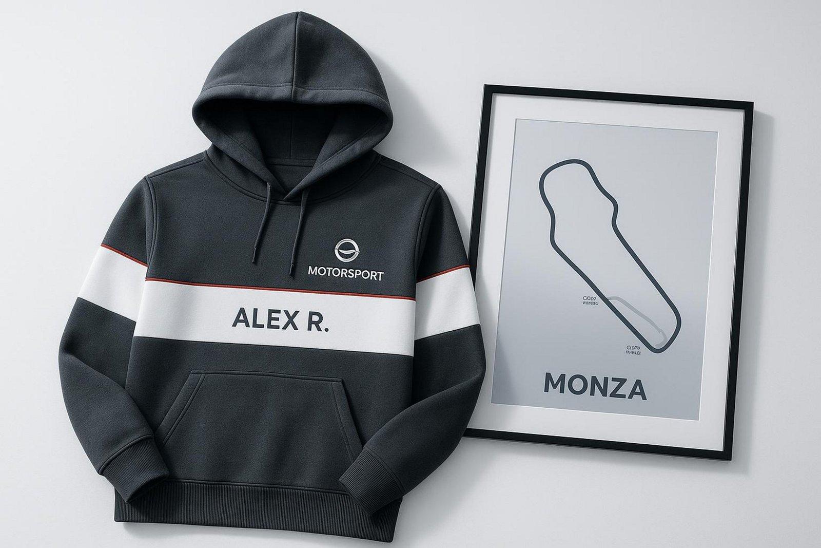 A modern team hoodie with custom embroidery displayed alongside a Monza circuit art piece, highlighting personalized motorsport merchandise.