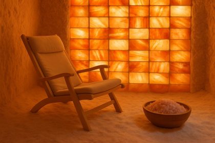 Salt therapy room with Himalayan salt bricks and relaxing atmosphere for halotherapy benefits