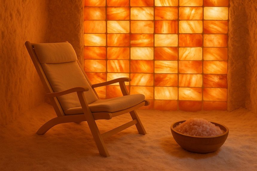 Salt therapy room with Himalayan salt bricks and relaxing atmosphere for halotherapy benefits