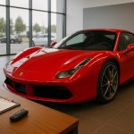 Luxury sports cars displayed in showroom with sales consultant discussing purchase details