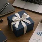 Business gift box with branded items on a desk, symbolizing B2B client gifting trends