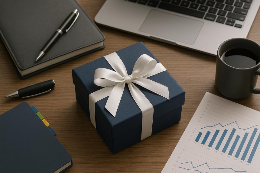 Business gift box with branded items on a desk, symbolizing B2B client gifting trends