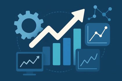 Modern office workspace with digital graphs representing business growth and proactive IT solutions