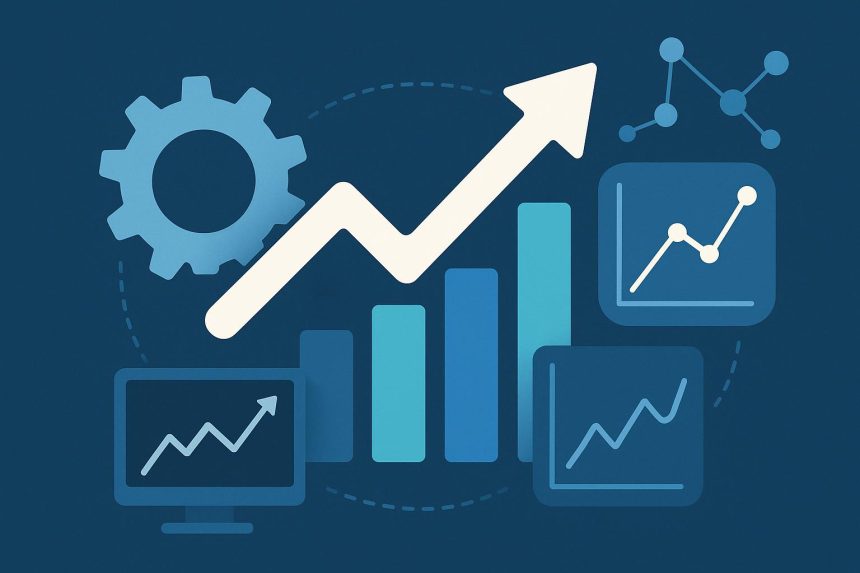 Modern office workspace with digital graphs representing business growth and proactive IT solutions
