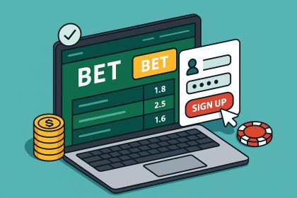Online betting signup process illustrated with a hand clicking a registration button on a website