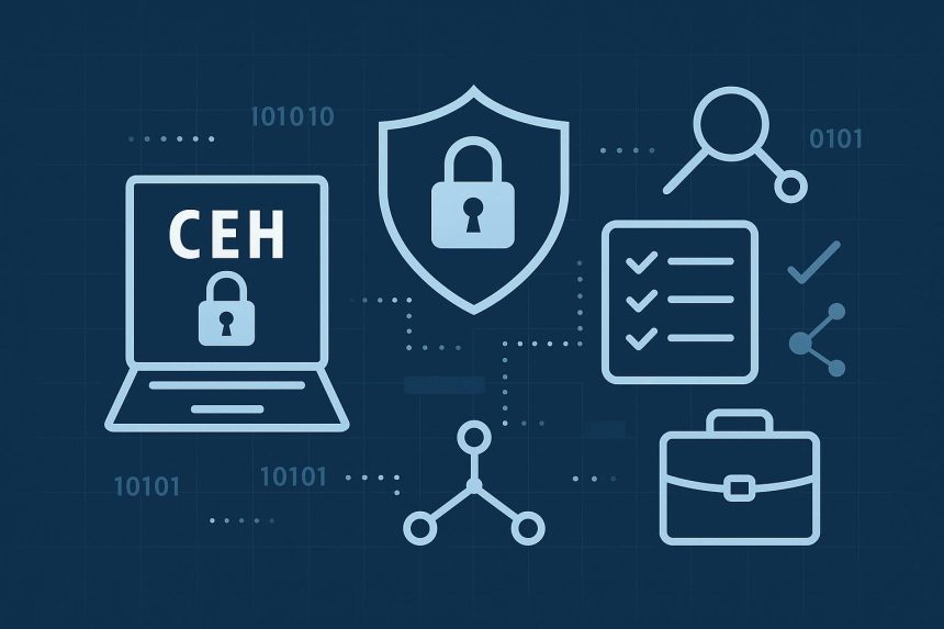 Certified Ethical Hacker course materials, cybersecurity concepts, and career path illustration