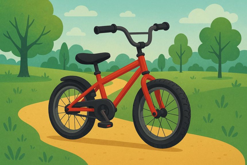 Children’s bicycles lined up in a park, promoting cycling benefits for kids’ health and fun