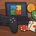 Online casino games icons with safe gaming, fast payouts, and trusted platform symbols