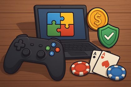 Online casino games icons with safe gaming, fast payouts, and trusted platform symbols