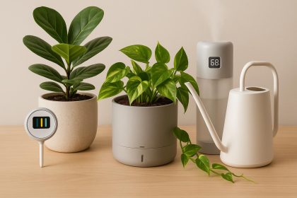 Smart plant pots, automatic watering system, LED grow lights, and digital moisture meter