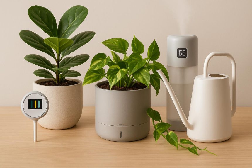 Smart plant pots, automatic watering system, LED grow lights, and digital moisture meter