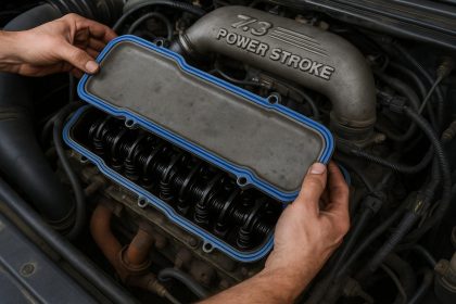 7.3 Powerstroke valve cover gasket replacement with tools and engine components visible