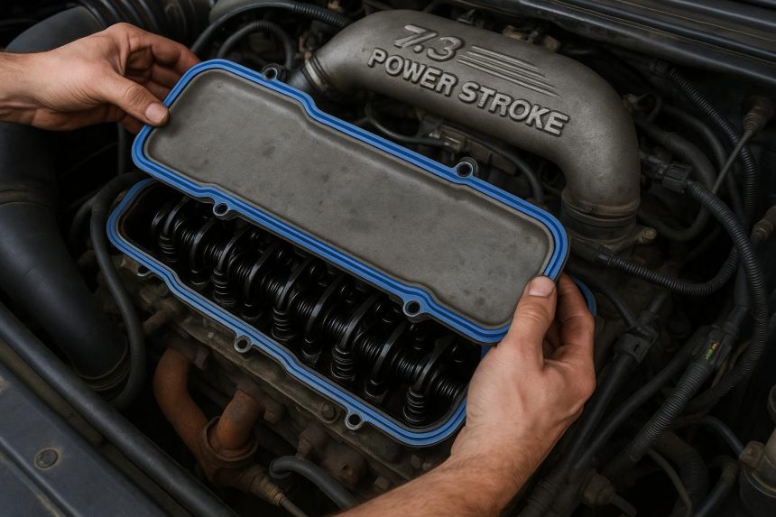 7.3 Powerstroke valve cover gasket replacement with tools and engine components visible