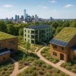 Solar-powered eco-friendly apartment complex with green rooftops in a modern American neighborhood
