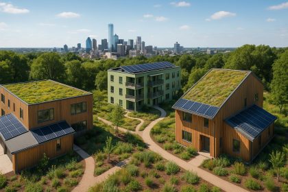 Solar-powered eco-friendly apartment complex with green rooftops in a modern American neighborhood