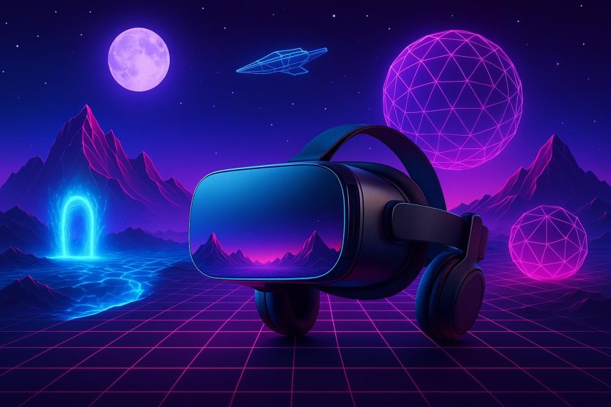 Virtual reality headset and interactive digital world symbolizing immersive online entertainment