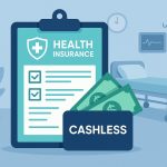 Health insurance card and hospital reception desk illustrating cashless claim process